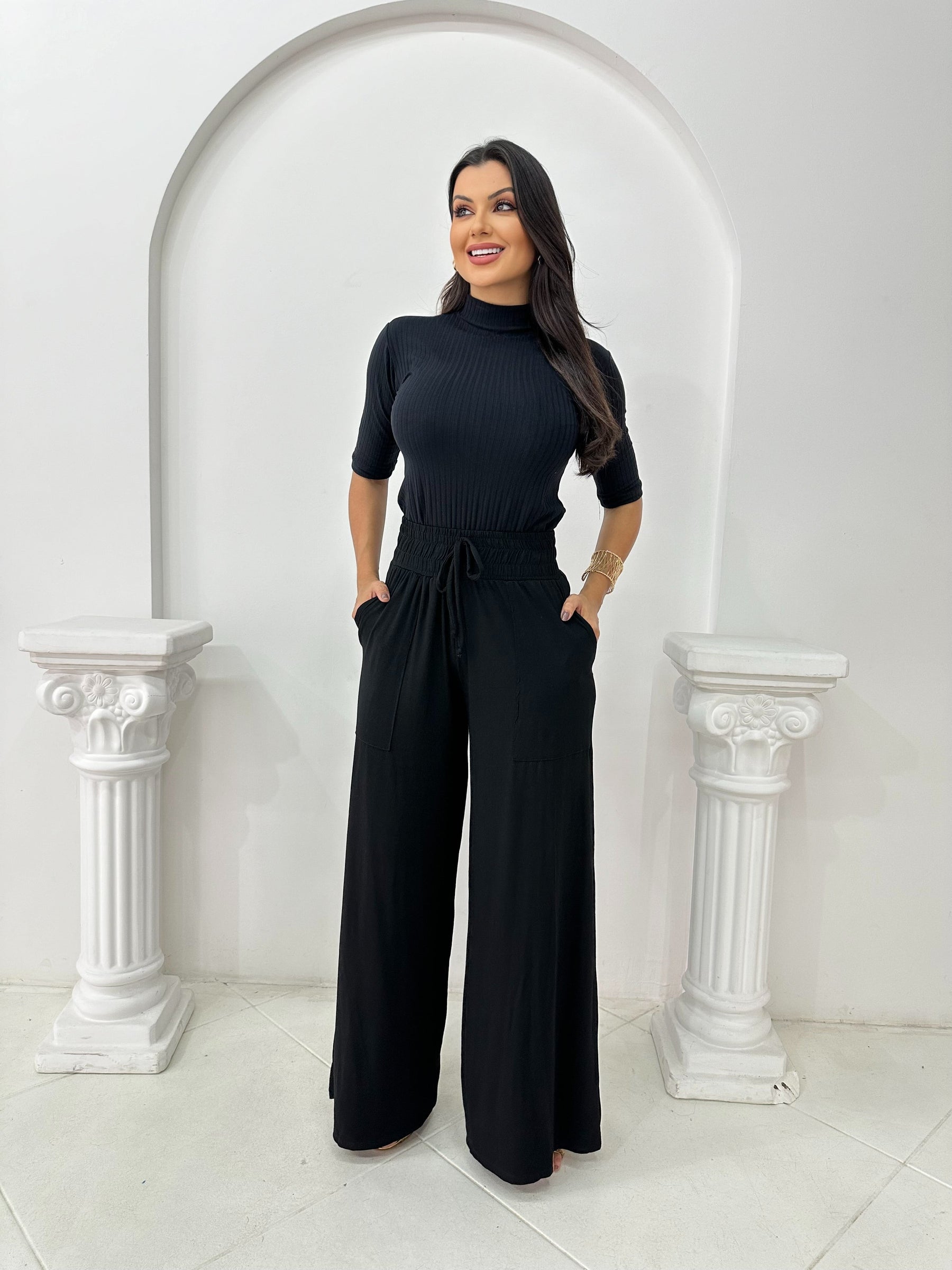 Conjunto Calça Pantalona e Blusa Feminina Lisa Gola Canelada Premium Conforto Todas as Estações